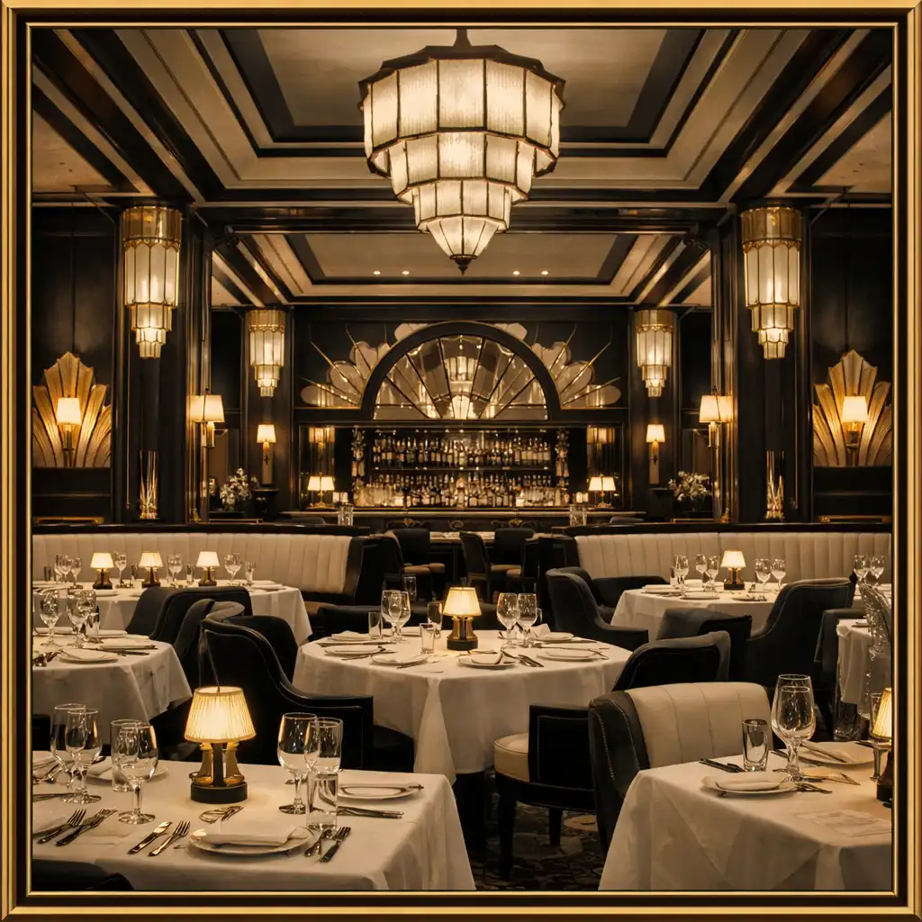 Art Deco dining room with symmetrical lines, geometric patterns, and warm ambient lighting