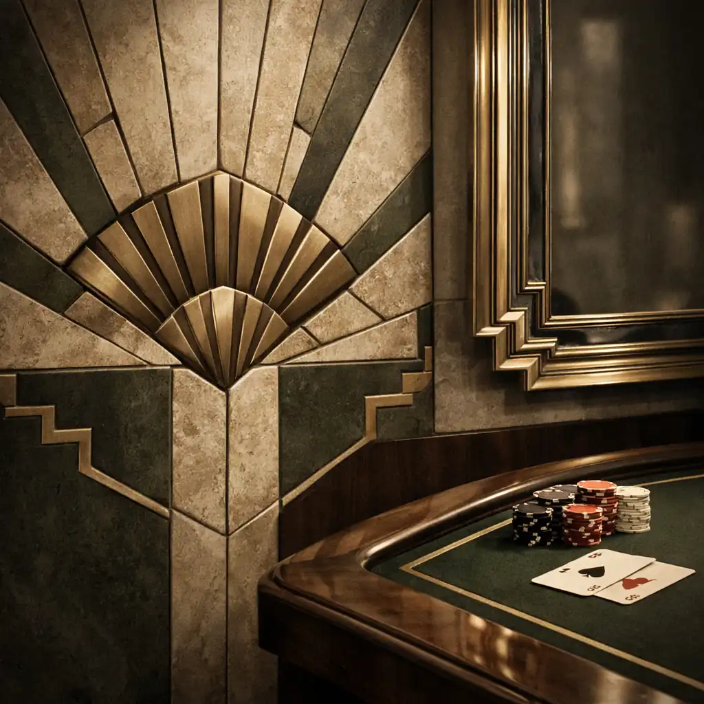 Close-up of Art Deco sunburst wall pattern, gold-trimmed mirror, and corner of a poker table