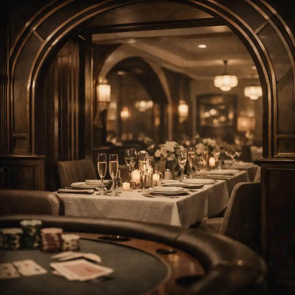 Seamless transition from the card lounge into an adjacent dining area with a set table and champagne glasses