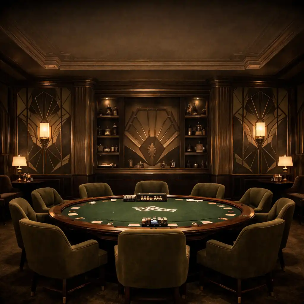 Art Deco card lounge interior with a custom poker table, warm brass lighting, and deep olive chairs