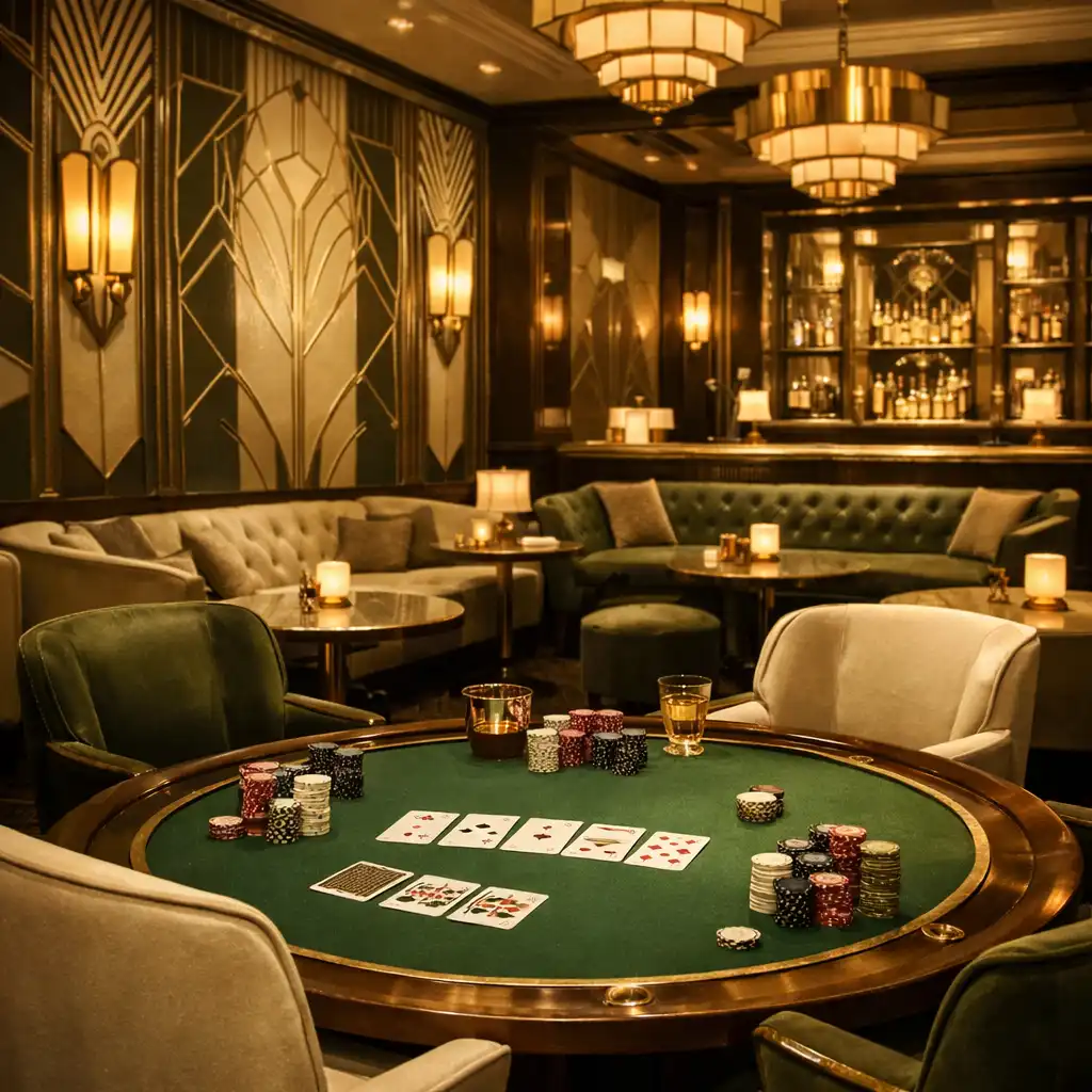 Interior of the Art Deco card lounge with plush seating and a poker table
