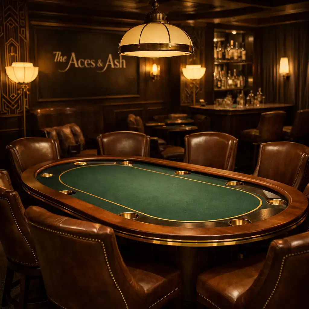 Card lounge with dedicated poker table, green felt, gold accents, and elegant leather chairs