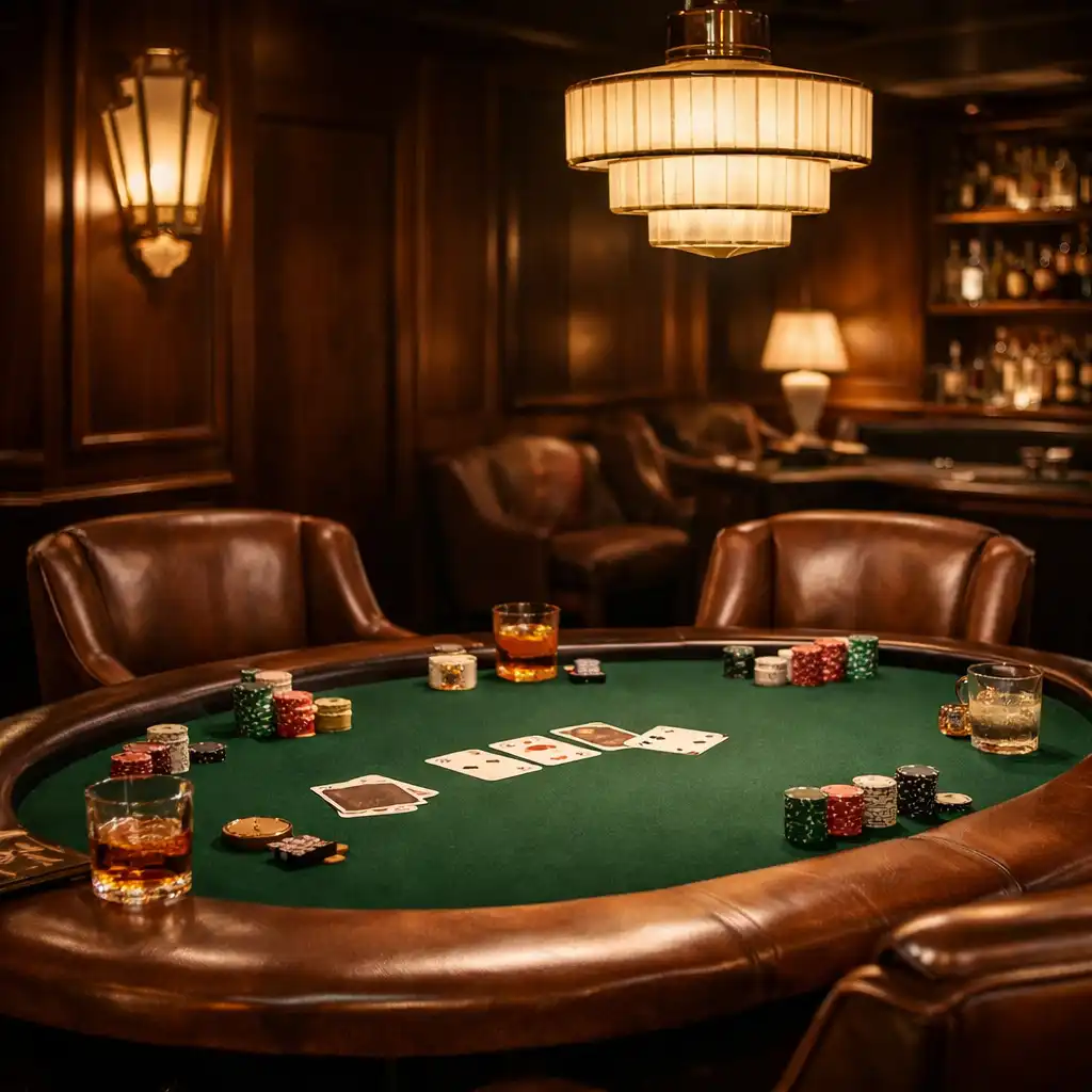 A sophisticated card lounge with a green felt poker table surrounded by leather chairs and Art Deco lighting.