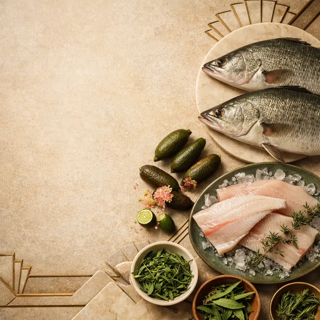 Fresh Australian produce including barramundi, finger limes, and native herbs arranged on a warm stone surface