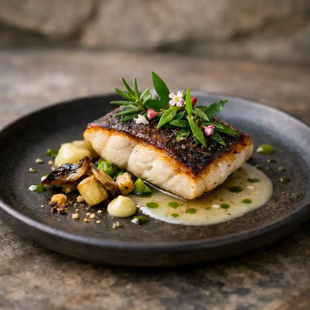 Beautifully plated modern Australian dish with seared fish and native herbs
