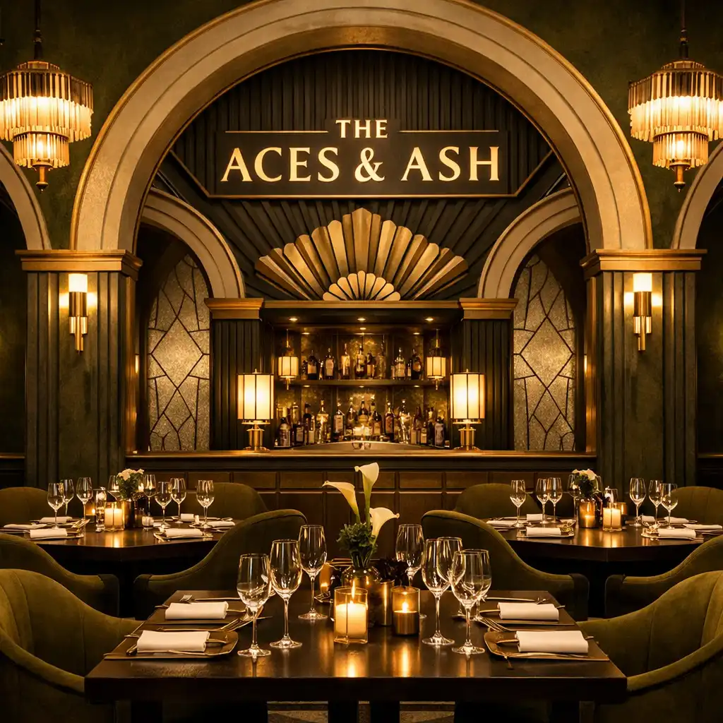 The dining room at The Aces & Ash with symmetrical Art Deco arches, geometric patterns, and warm brass fixtures