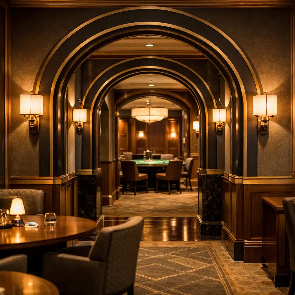 View from the dining area toward the card lounge entrance with Art Deco archways