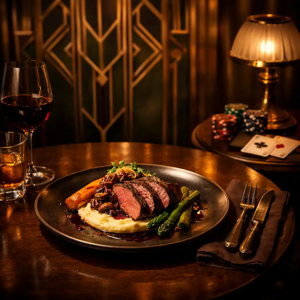 A beautifully plated Australian dish on a dark wooden table with warm Art Deco lighting and a subtle hint of poker chips nearby