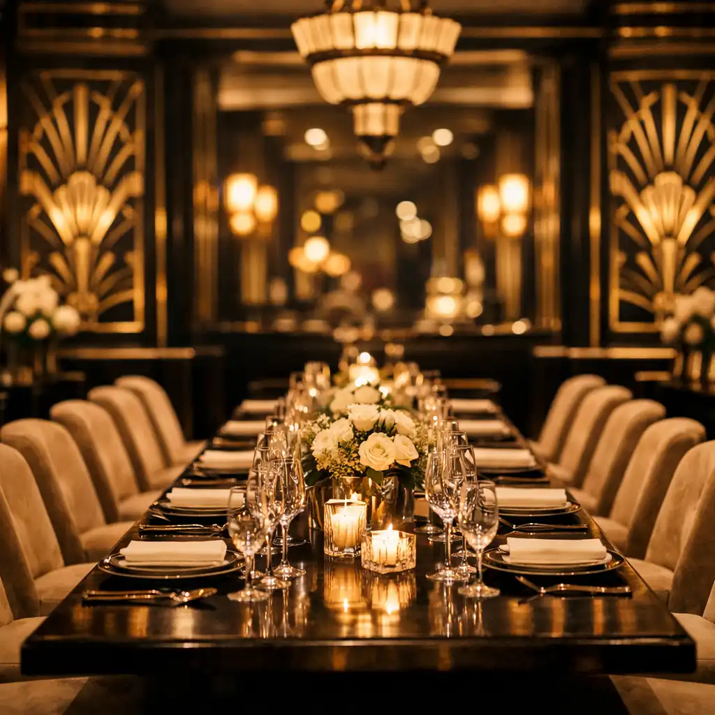 An elegant Art Deco dining room at The Aces & Ash with warm lighting and a long table set for a premium dinner.