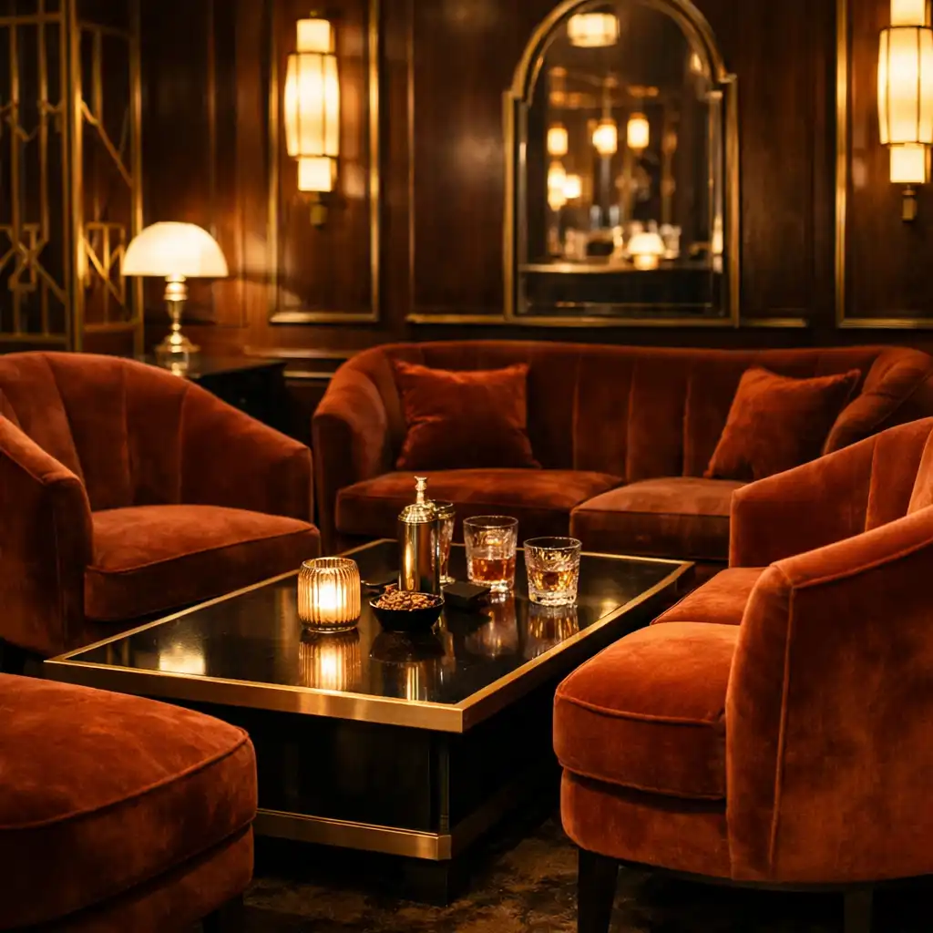 A cozy lounge area with plush velvet chairs, dark wood paneling, and warm Art Deco lighting.