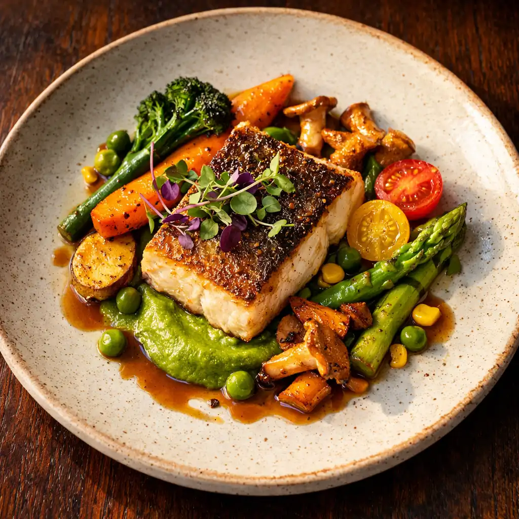 A beautifully plated modern Australian dish with seasonal vegetables and a protein garnish.