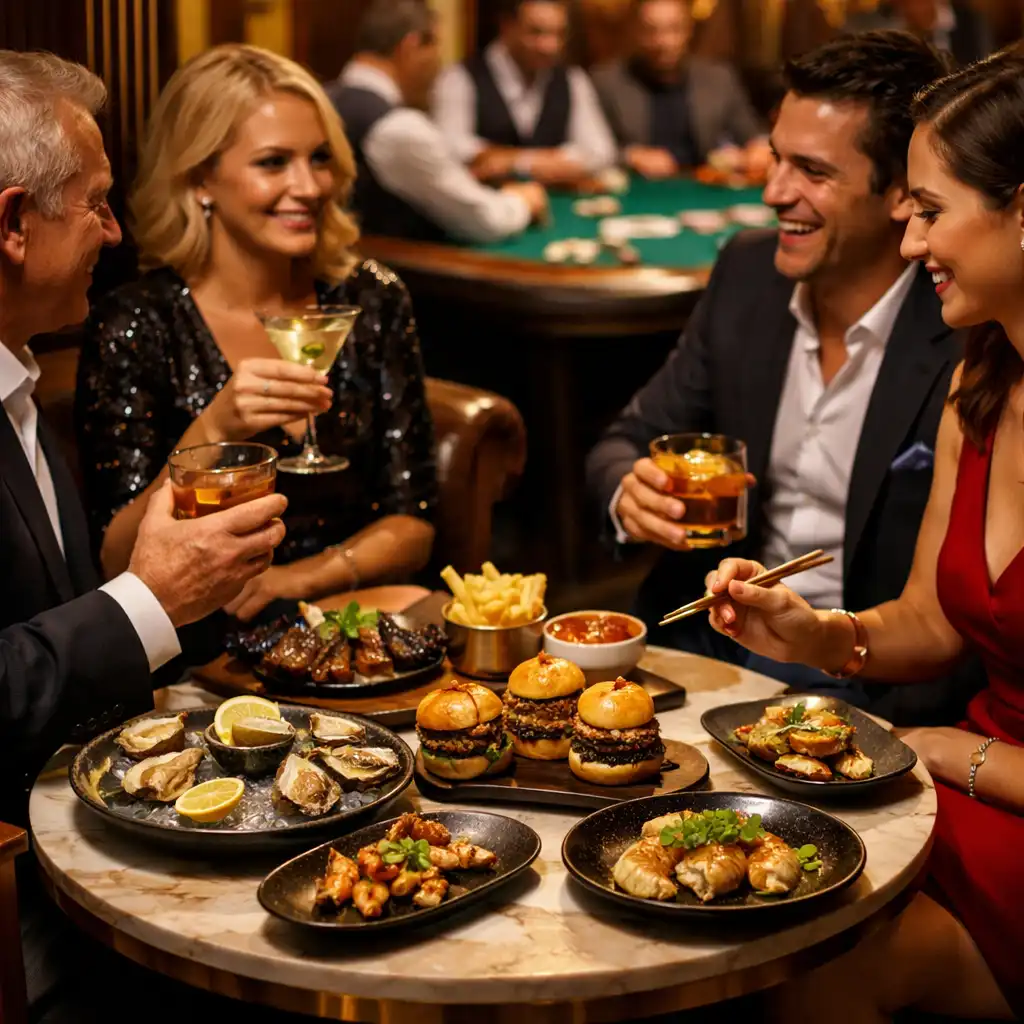 Guests enjoying small plates and cocktails at a side table near the poker tables