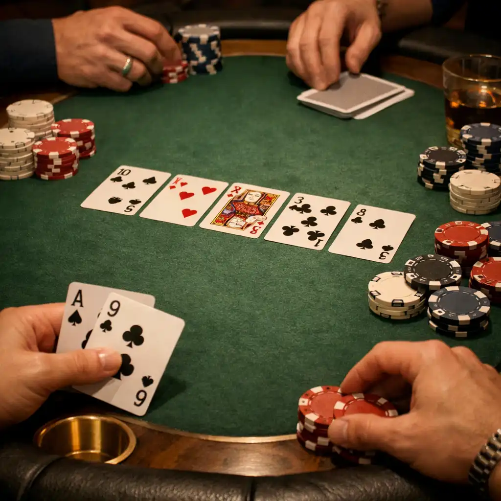 A poker night in progress showing players' hands and cards on the deep olive felt