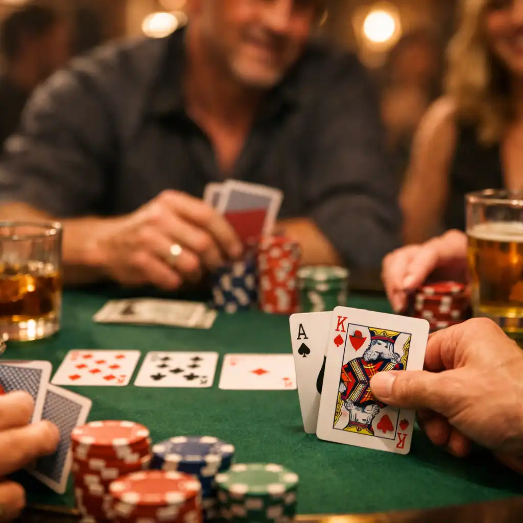 A lively poker night scene with players seated around a table, cards and chips in play, and warm lighting.