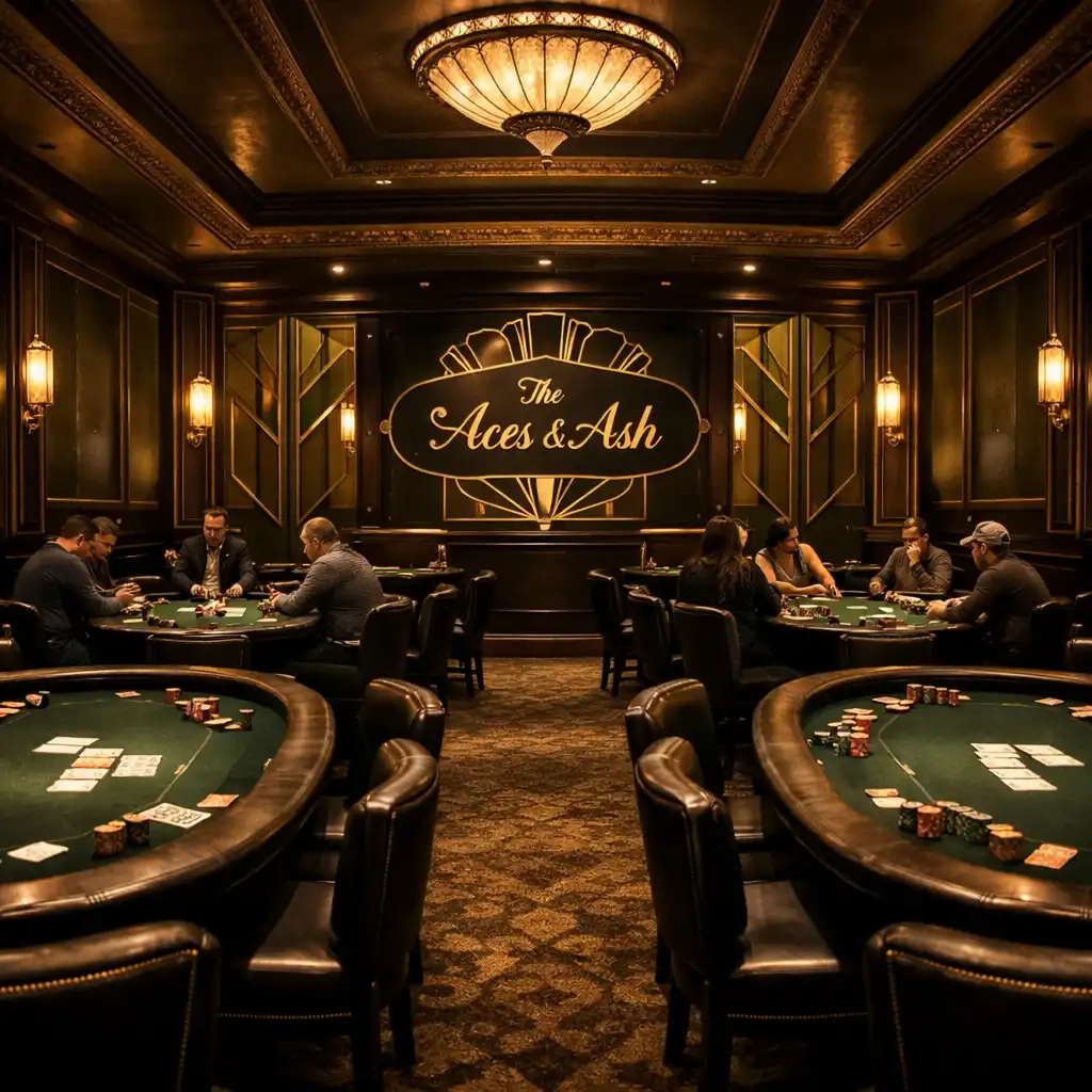 Wide view of the dimly lit poker room at The Aces & Ash with multiple tables arranged symmetrically