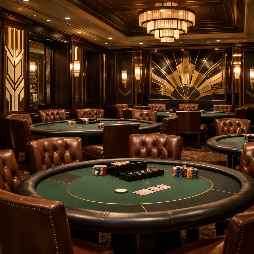 A dedicated poker room with multiple professional poker tables, green felt, and gold trim under subdued lighting.