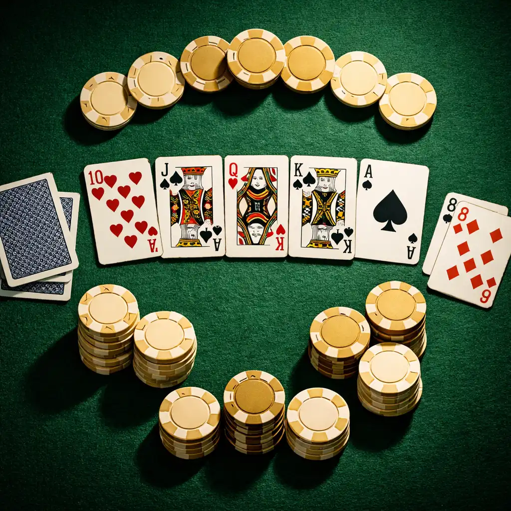 Close-up of a poker table with green felt, face-down playing cards, and neutral chips under warm light