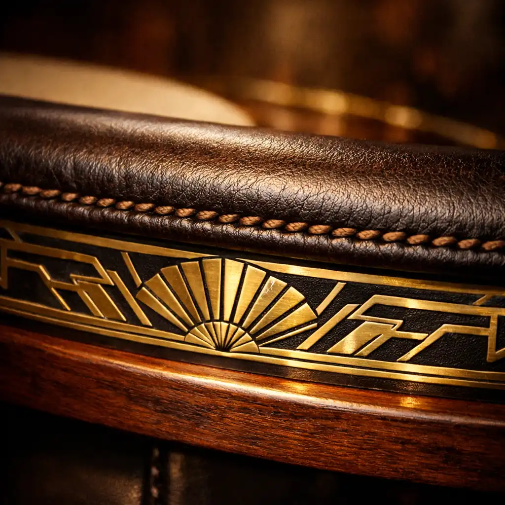 Close-up of a hand-stitched leather rail and brass Art Deco inlay on a poker table