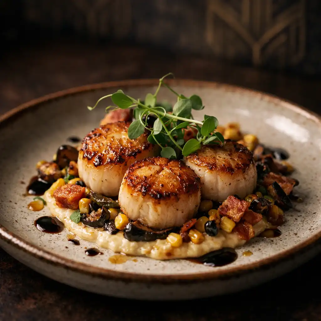 A beautifully plated Australian dish with seared scallops and microgreens on a dark Art Deco table