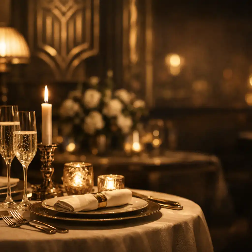 Intimate fine dining table with candlelight and Art Deco details at The Aces & Ash