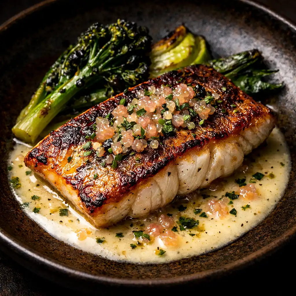 Pan-roasted barramundi fillet with lemon myrtle beurre blanc, finger lime, and charred greens