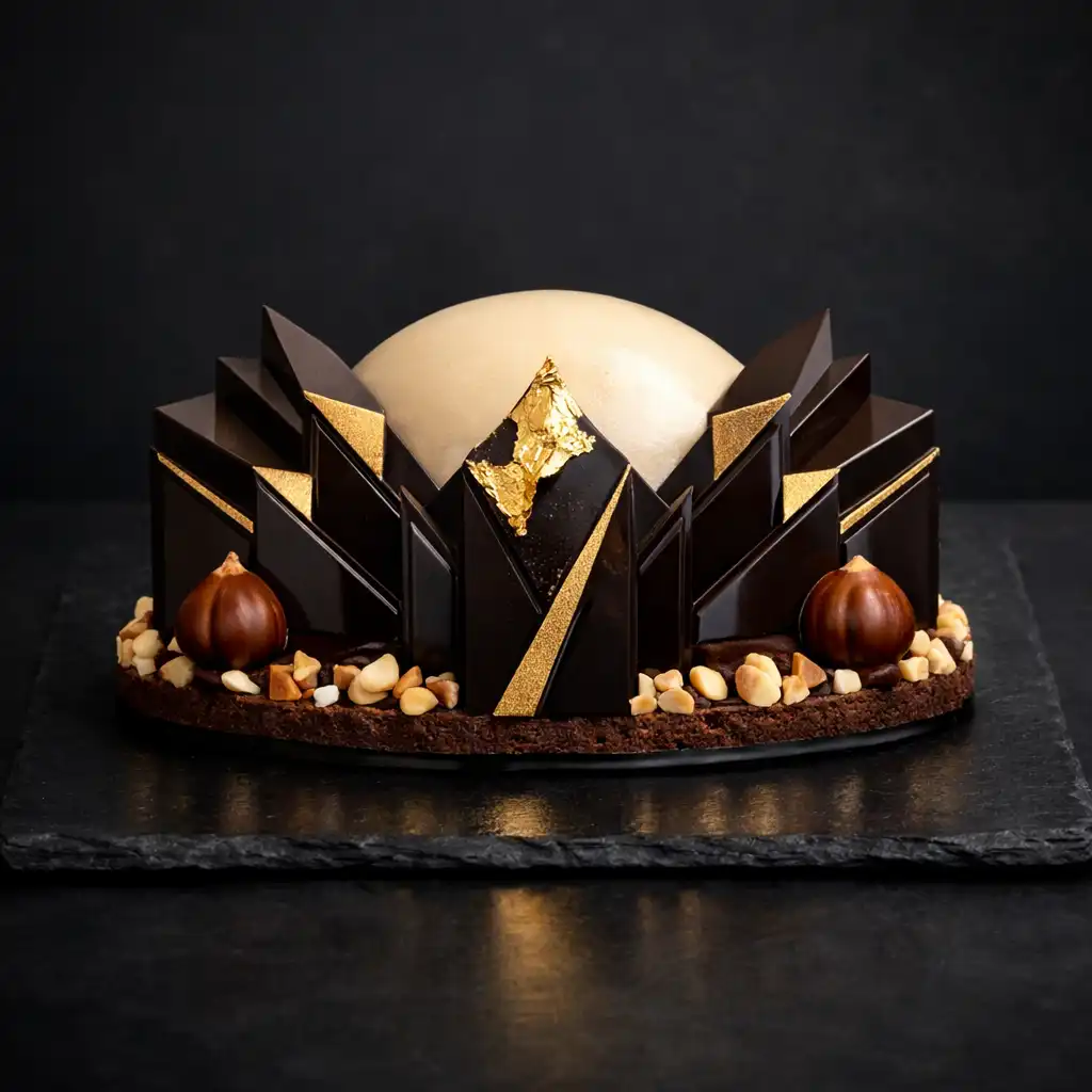 Geometric dark chocolate and hazelnut entremet with gold leaf inspired by Art Deco architecture