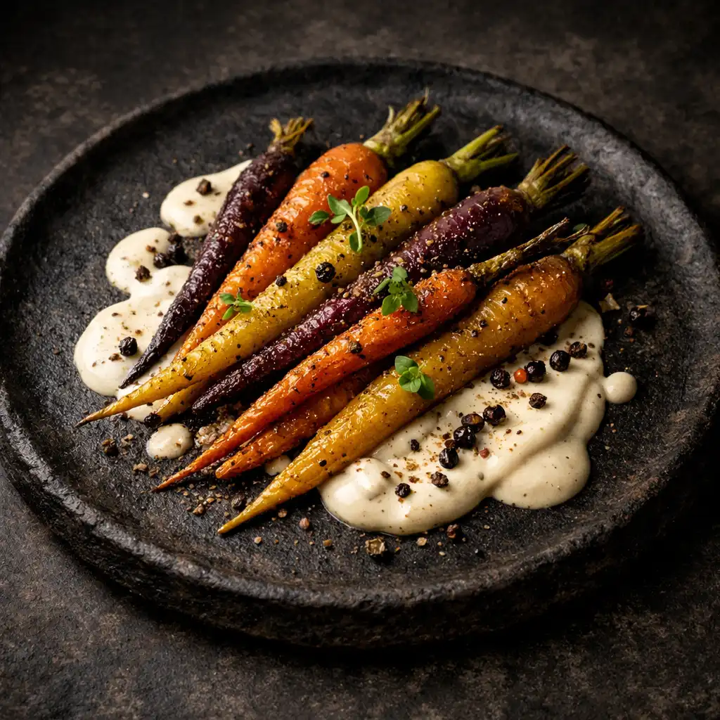 Roasted heirloom carrots with macadamia cream and native pepper