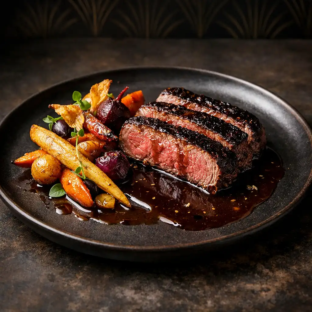 Charred Black Angus sirloin with wattleseed jus and roasted root vegetables