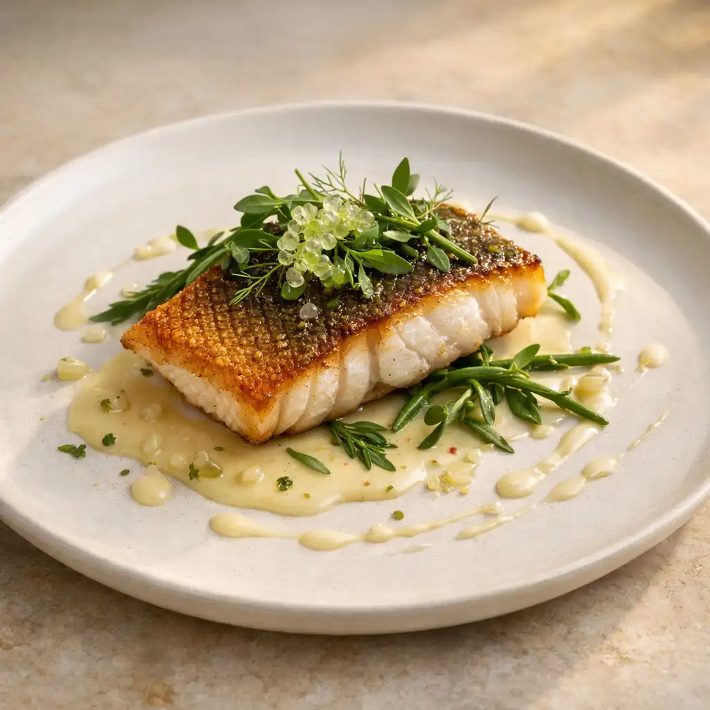Pan-seared barramundi with finger lime beurre blanc and sea herbs
