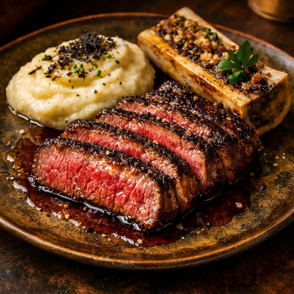 Grilled Margaret River wagyu striploin with truffle potato purée and roasted bone marrow