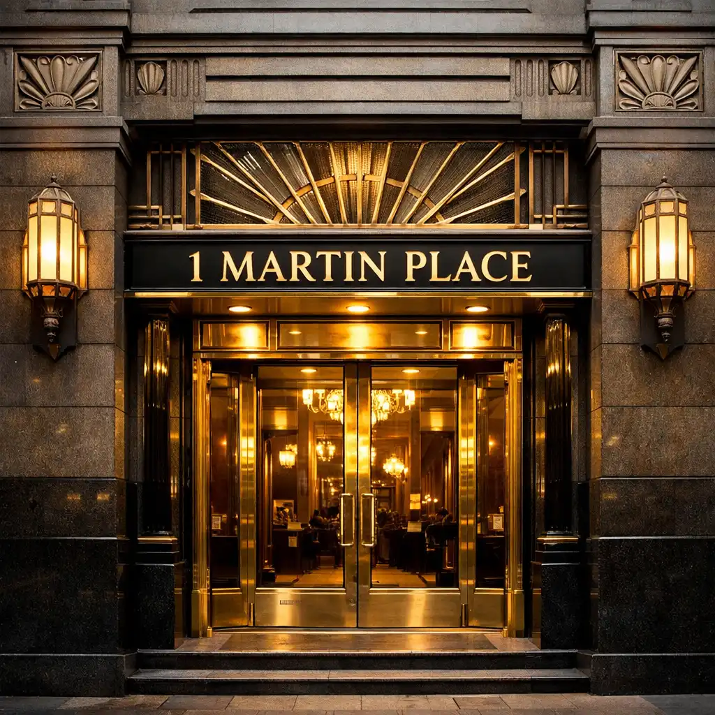 The exterior of the heritage building at 1 Martin Place, Sydney, with Art Deco architectural details and a warm glow from within.
