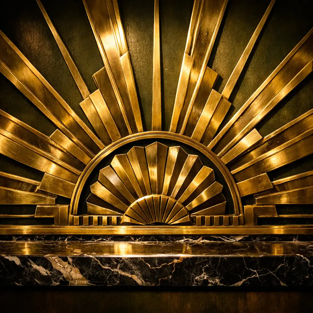 Close-up of an Art Deco sunburst pattern in antique gold on a deep olive wall.
